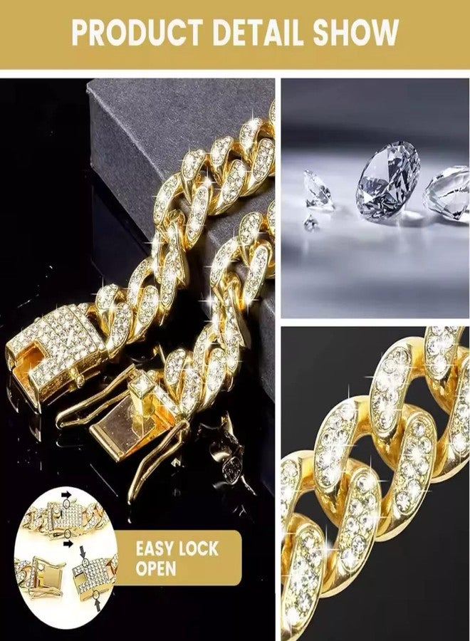 Pluzmecalm 1Pc 9inch Gold Dog Chain Diamond Collar Walking Metal Chain Necklace with Secure Buckle Pet Cuban Style Collar Jewelry Accessories for Small Medium Large Dog Cats (13mm Wide) - Image 2